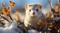 a short tailed weasel pops its head out from the snow while hunting food during winter generative ai