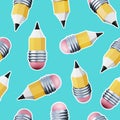 Short yellow pencil with pink eraser high quality 3D render cartoon style seamless pattern. Royalty Free Stock Photo