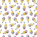 Short yellow pencil with pink eraser high quality 3D render cartoon style seamless pattern. Royalty Free Stock Photo