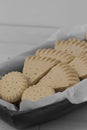 Shortbread biscuits cookies on greaseproof paper in a wooden bowl. Royalty Free Stock Photo