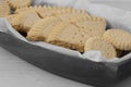 Shortbread biscuits cookies on greaseproof paper in a wooden bowl. Royalty Free Stock Photo