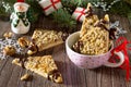 Shortbread biscuits with nut filling and chocolate icing on a festive Christmas table Royalty Free Stock Photo