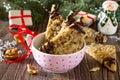 Shortbread biscuits with nut filling and chocolate icing on a festive Christmas table Royalty Free Stock Photo