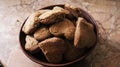 Shortbread cookies in the form of hearts in a clay bowl. Royalty Free Stock Photo