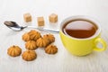 Shortbread cookies, cup of tea, lumpy sugar and teaspoon Royalty Free Stock Photo