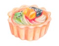 Shortbread dough basket cake with sweet cream and fruits clipart. Hand drawn shortbread pastry crust with filling