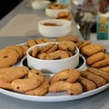 Shortbreads assortment and little butter biscuits in white round dish Royalty Free Stock Photo