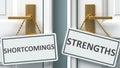 Shortcomings or strengths as a choice in life - pictured as words Shortcomings, strengths on doors to show that Shortcomings and
