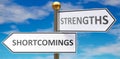 Shortcomings and strengths as different choices in life - pictured as words Shortcomings, strengths on road signs pointing at