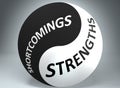 Shortcomings and strengths in balance - pictured as words Shortcomings, strengths and yin yang symbol, to show harmony between