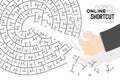Shortcut Business online Maze or labyrinth At sign shape with businessman and scissors, design illustration