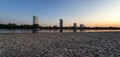 Shortly after sunset in the Park Rheinaue Bonn-Beuel Germany end of April 2020, skyline Bonn Rhine pepples ship Royalty Free Stock Photo