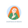 Shortness of breath - symptom of coronavirus, hand drawing icon, sick girl with red hair tries to breathe