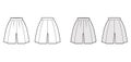 Shorts skirt culotte technical fashion illustration with mini length, oversize silhouette, thick waistband, side zipper Royalty Free Stock Photo