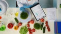 In the shot above, a scientist in a laboratory and a white coat is sitting. Around her on the table are vegetables and Royalty Free Stock Photo
