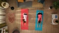 In the shot above, a woman and child stand in a room on a fitness mat. Demonstrating a yoga pose, they pull their arms