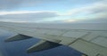 Aerial view and airplane wing