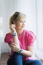Beautiful middle aged woman portrait while relaxing at home Royalty Free Stock Photo