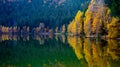 Shot of autumn scenery of Lake Saint Ann in Romania, lush colorful trees reflected in the water Royalty Free Stock Photo