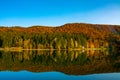 Shot of autumn scenery of Lake Saint Ann in Romania, lush colorful trees reflected in the water Royalty Free Stock Photo