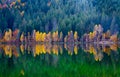 Shot of autumn scenery of Lake Saint Ann in Romania, lush colorful trees reflected in the water Royalty Free Stock Photo