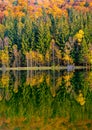 Shot of autumn scenery of Lake Saint Ann in Romania, lush colorful trees reflected in the water Royalty Free Stock Photo