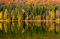 Shot of autumn scenery of Lake Saint Ann in Romania, lush colorful trees reflected in the water Royalty Free Stock Photo