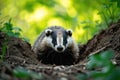 Shot of badger resting at entrance hole burrow mouth