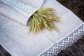 Shot of linen towels, tablecloths, napkins with lace trim Royalty Free Stock Photo