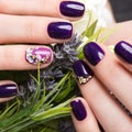 Shot beautiful manicure with flowers on female fingers. Nails design. Close-up Royalty Free Stock Photo