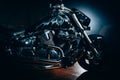 Shot of a black motorcycle taken indoors with a dark background