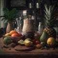 A shot of a blender with ingredients for a tropical smoot three generative AI