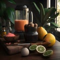 A shot of a blender with ingredients for a tropical smoot two generative AI