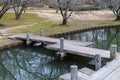 A shot of a brown wooden foot bridge over a still green lake in a Japanese garden surrounded by yellow winter grass Royalty Free Stock Photo