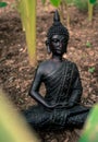 A shot of a buddha statue sitting in a lotus pose surrounded with green plants and trees Royalty Free Stock Photo