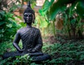 A shot of a buddha statue sitting in a lotus pose surrounded with green plants and trees Royalty Free Stock Photo