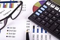 Financial tools, calculator, pen and specs over a report Royalty Free Stock Photo