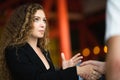 Shot of business woman greeting with the man in front of her in first meet and shake hand in meeting room atmosphere , Concept Royalty Free Stock Photo