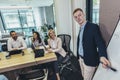 Businessman giving a presentation to her colleagues on a whiteboard in a boardroom Royalty Free Stock Photo