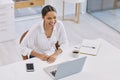 All guys, whipping on my charm for all eyes. Shot of a businesswoman on a video call in a modern office. Royalty Free Stock Photo