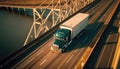 American truck pulling load on ahuge bridge. Generative ai illustration