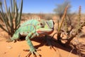 a shot of a chameleon changing its color on desert vegetation