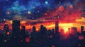 A shot of a city skyline at sunset with silhouettes of skysers against a colorful sky lit up by the citys solarpowered