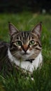 shot Close up of cat with green eyes lying in grass Royalty Free Stock Photo