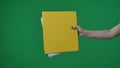 In the shot close up on a green background, chromakey. The woman holds in her hand a yellow folder with documents. She Royalty Free Stock Photo