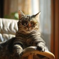 Gray tabby cat in sunglasses lying on a chair with a funny and cute expression on his face.