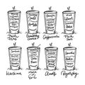 Shot cocktails and its ingredients collection set. Hand drawn vector lettering. Isolated on white background Royalty Free Stock Photo