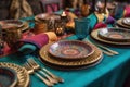 Shot Of Colorful Table Setting With Decorative Plates And Napkins For Ramadan Meal. Generative AI