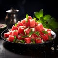 shot of a colorful Watermelon Salad, highlighting the juicy watermelon cubes, crisp greens, and tangy dressing by AI generated