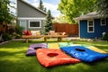 shot of cornhole boards and bean bags in a yard